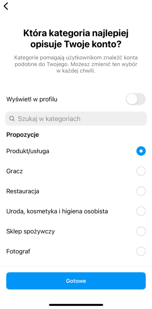 Kategoria opisująca konto profesjonalne na Instagramie