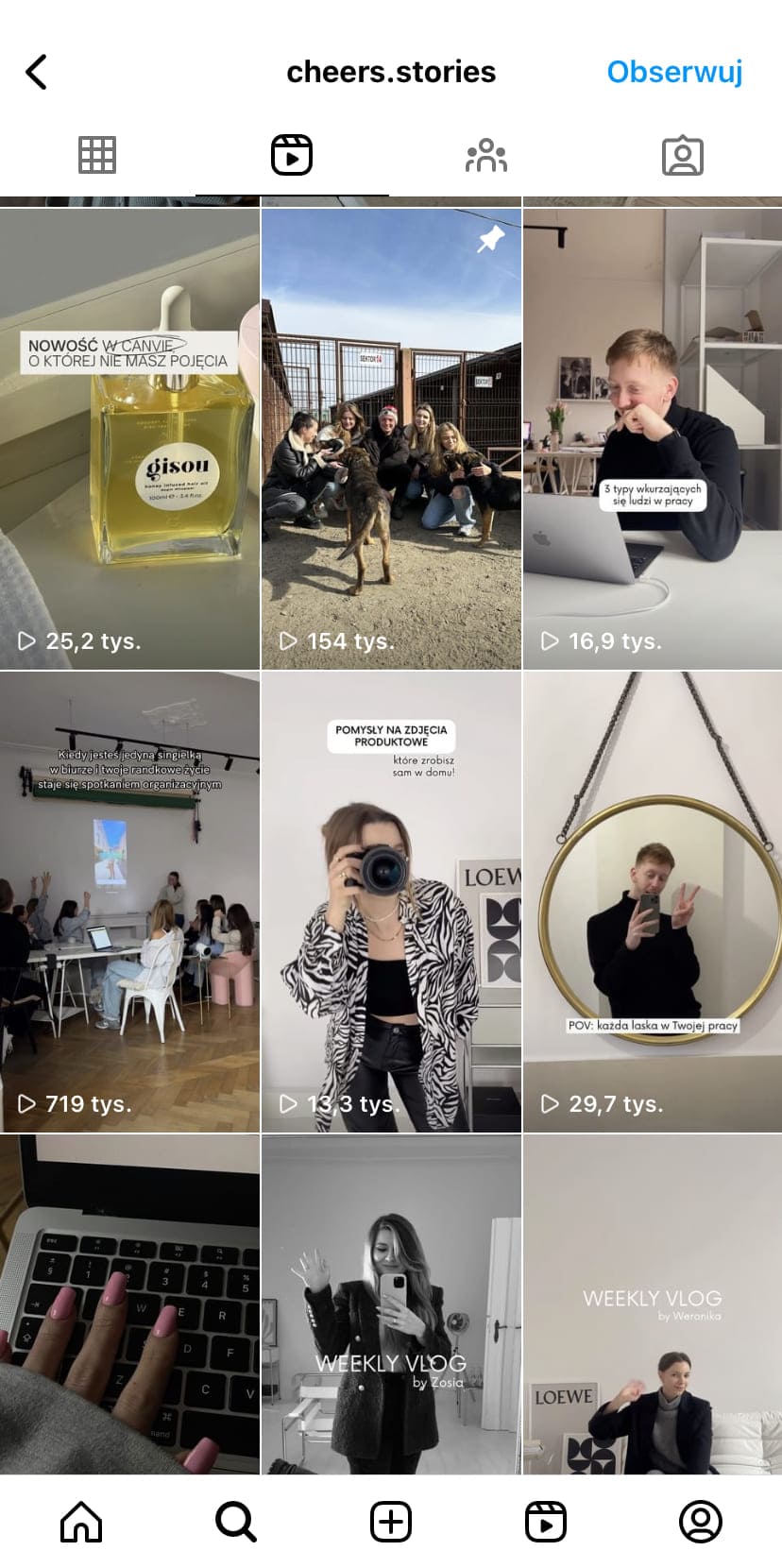Przykłady sekcji reels na Instagramie