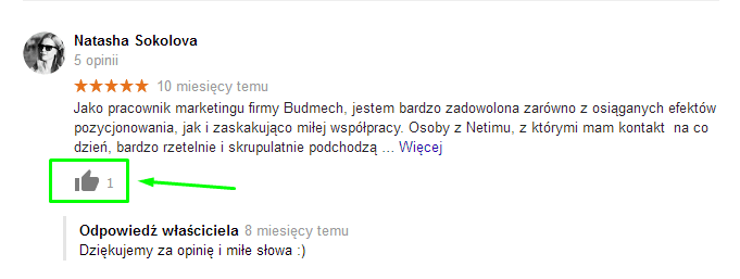 pozytywna opinia w usłudze google moja firma