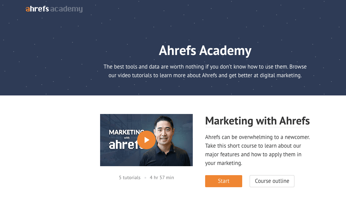 Ahrefs Academy posiada wiele przydatnych kursów online marketingu.