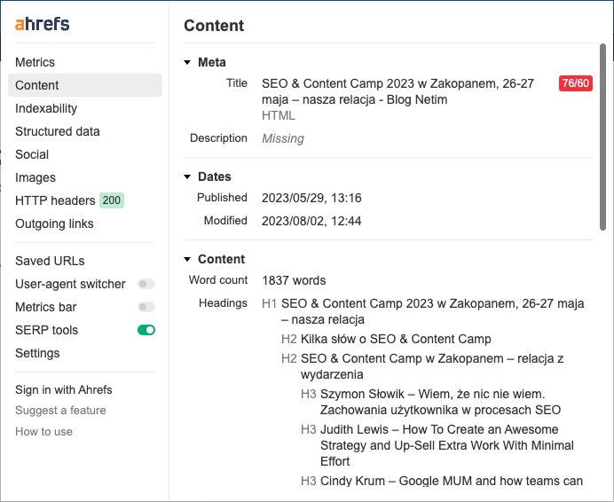 Wtyczka Ahrefs SEO Toolbar