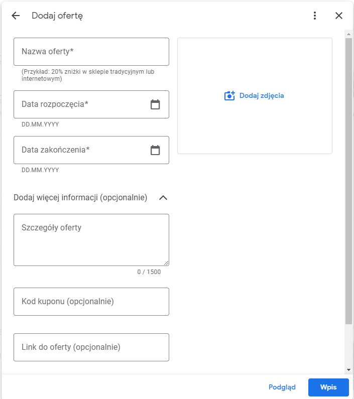 Dodawanie produktu w Google Moja Firma jako oferta