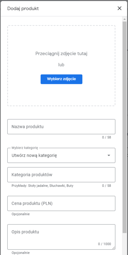 Panel dodawania produktów w Google Moja Firma