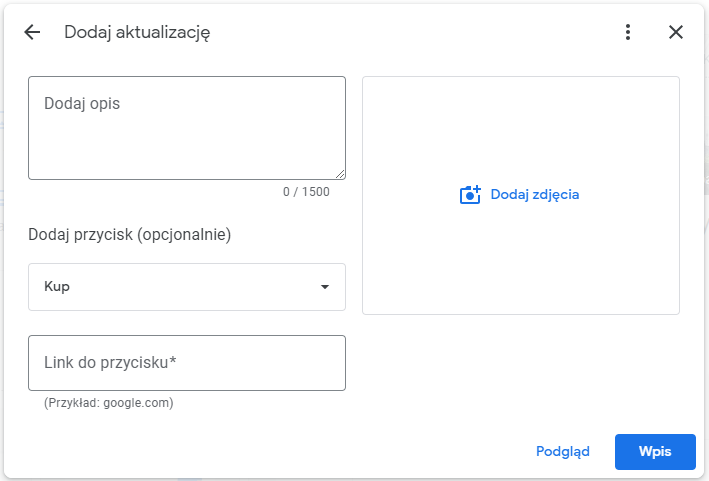 Dodawanie produktów w wizytówce Google - opcja wpis