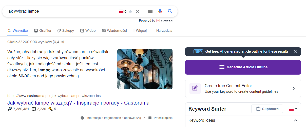 Keyword Surfer - generowanie planu artykułu