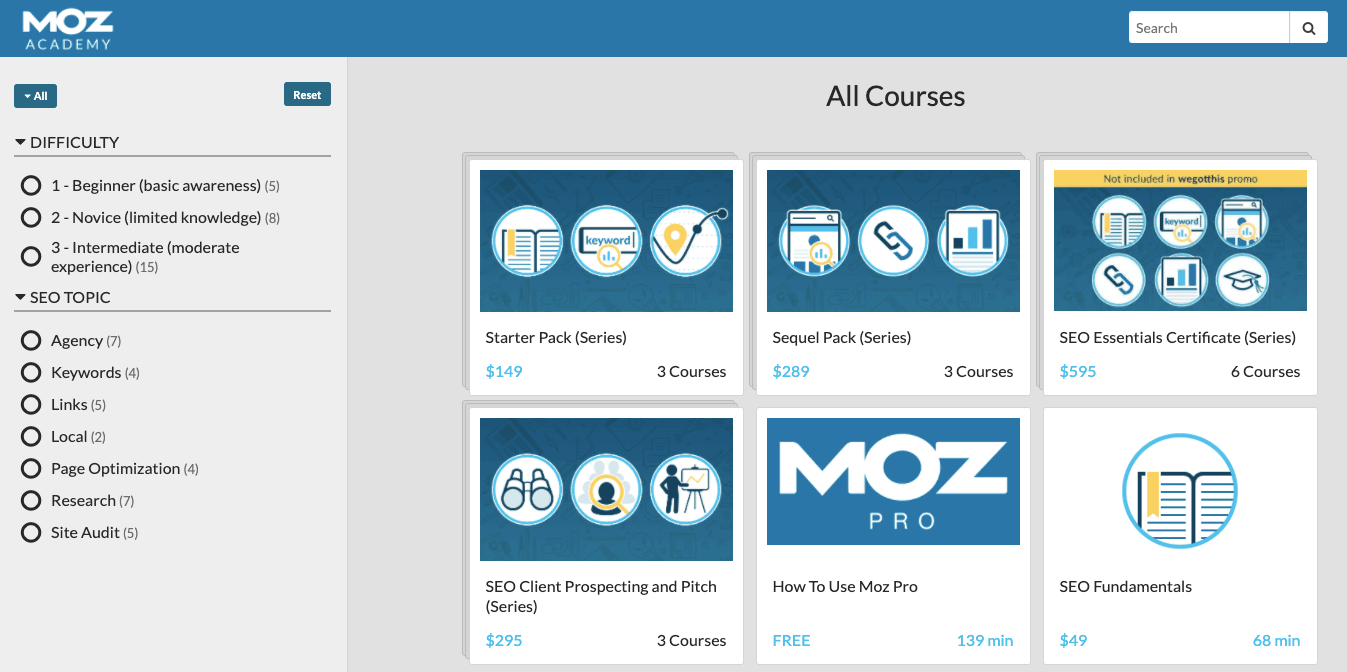 Kursy od MOZ Academy są podzielone 3 stopnie zaawansowania.