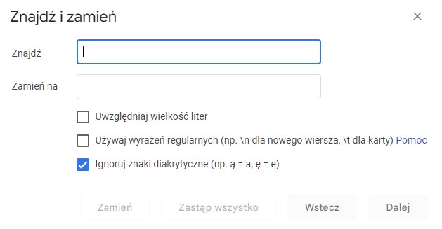 skrót klawiaturowy Google Docs "znajdź i zamień"