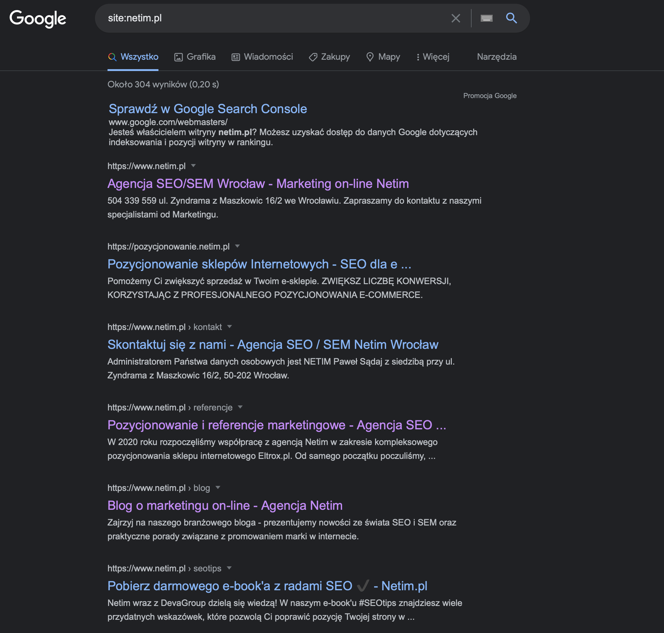 prefiks site w Google